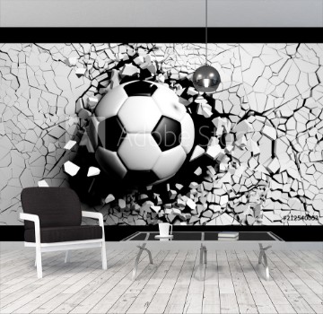 Picture of Soccer ball breaking forcibly through a white wall 3d illustration